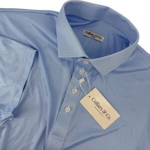 NWT Collars & Co Men Large Blue Houndstooth Dress Collar Polo Shirt Short Sleeve